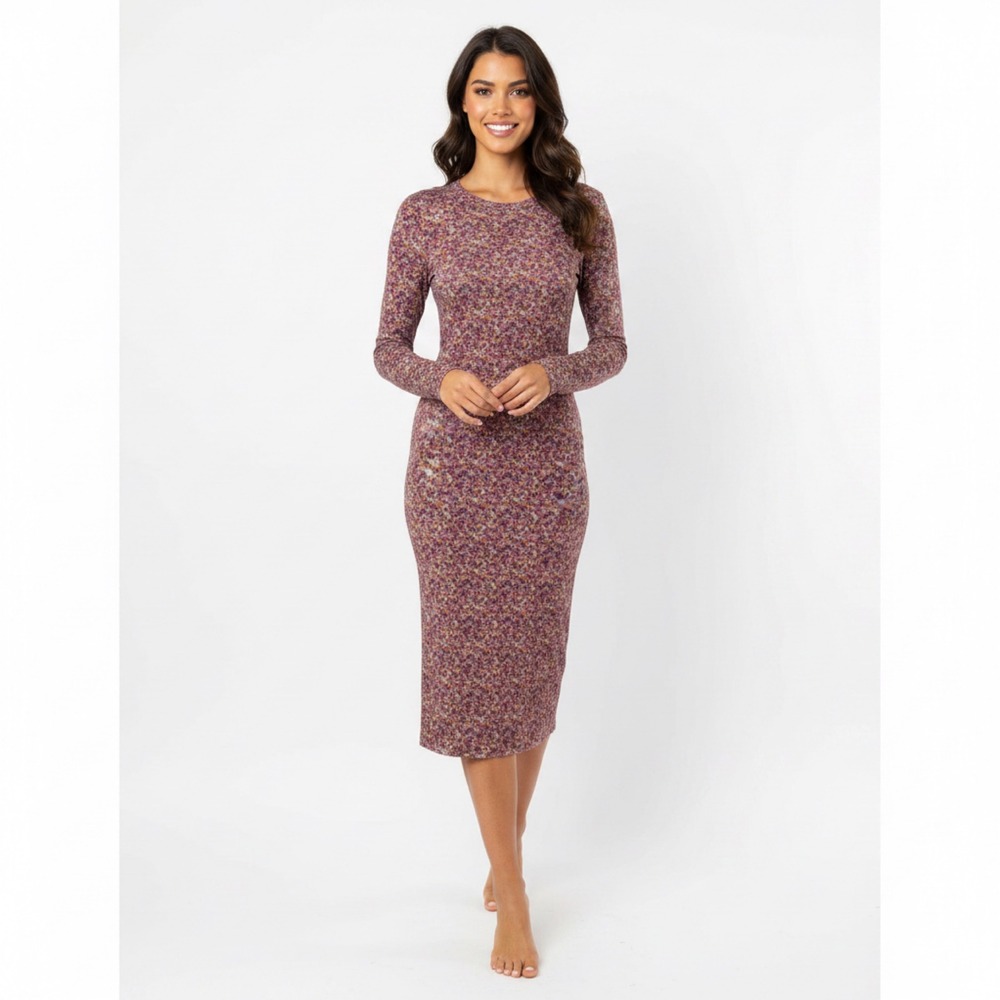 AFRM Pink Orange Ditsy Floral Mesh Long Sleeve Bodycon Midi Dress Large